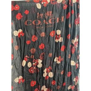 Coach New York Black Red Floral Poppy Scarf Eyelash Fringe Lightweight Designer